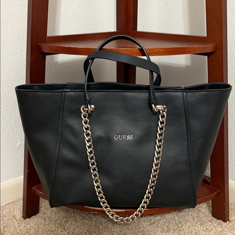 GUESS Black Tote with Gold Chain Accent
